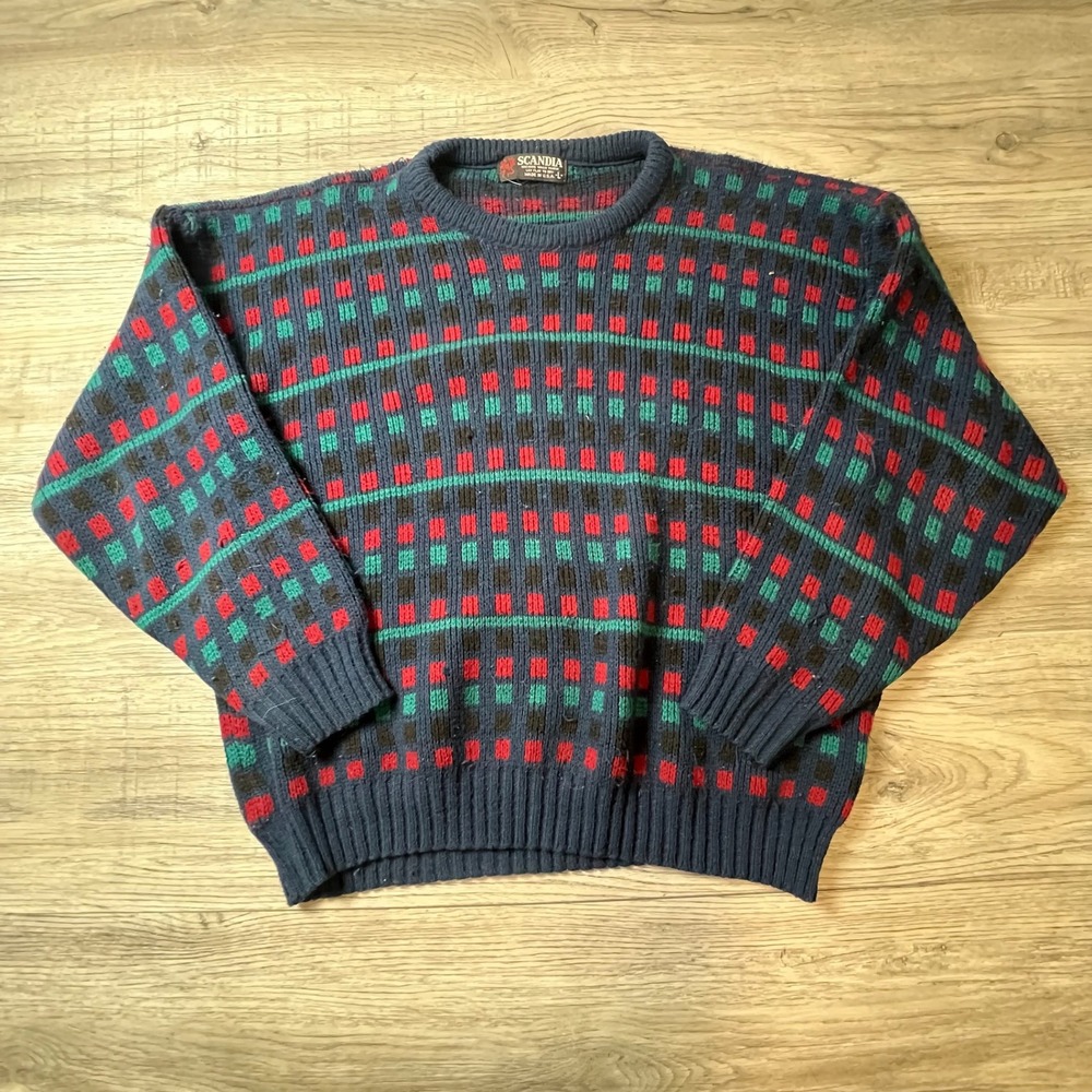 Scandia Sweater Men Large Navy Blue Vintage Geometric Knit Crewneck Pullover USA